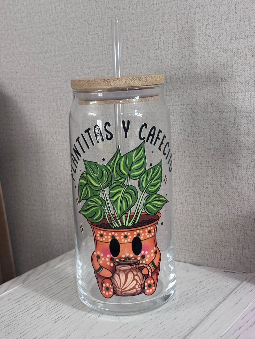 Clear Glass Tumbler with Cute Potted Plant Design